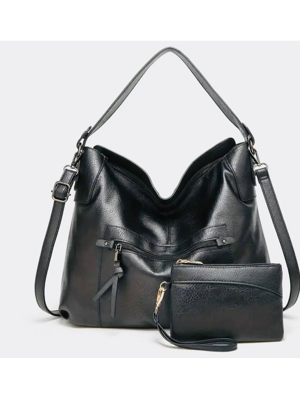 New - Gorgeous - 2Pcs Faux Leather Bag Set - Black